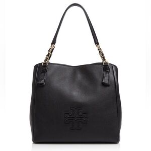 Tory Burch 2022 Harper Tote — black pebbled leather with gold chain strap
